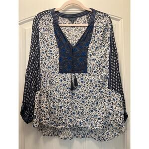 Lucky‎ Brand Women’s Floral Boho Peasant V-Neck Tassel Tie Top Size M Blue Gray